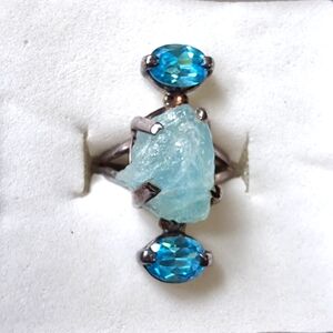 Vintage Blue Topaz & Raw Aquamarine Sterling Silver Ring
